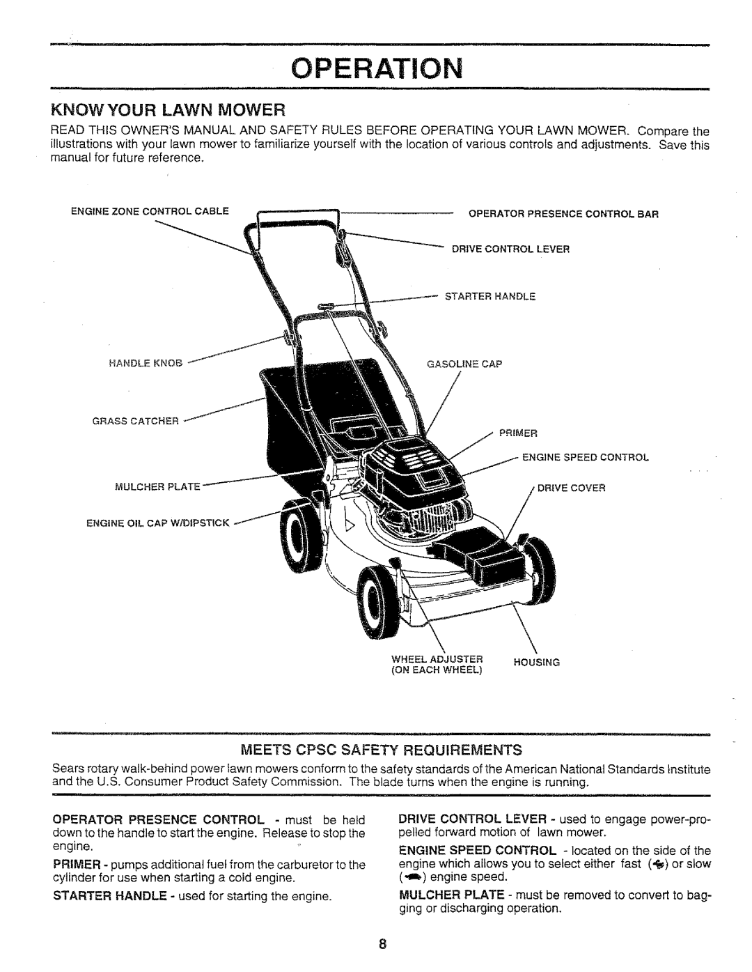 Sears 917.37283 manual Operation, Knowyour Lawn Mower 