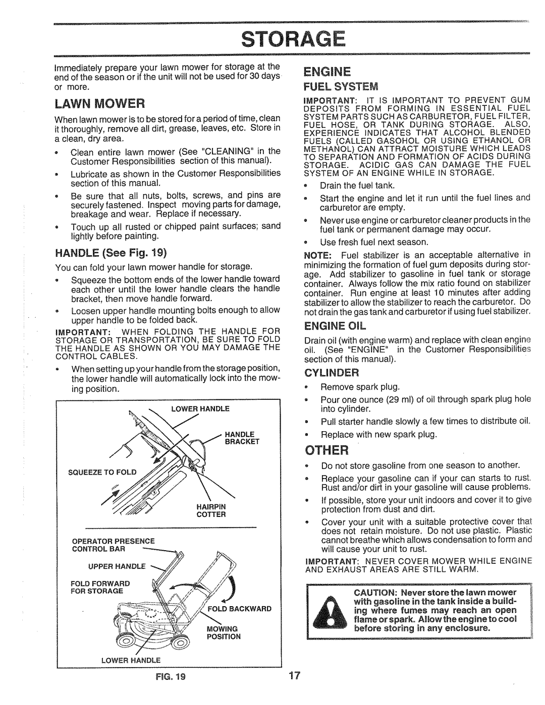 Sears 917.372851 owner manual Storage, Engine, Fuel System, Cylinder 