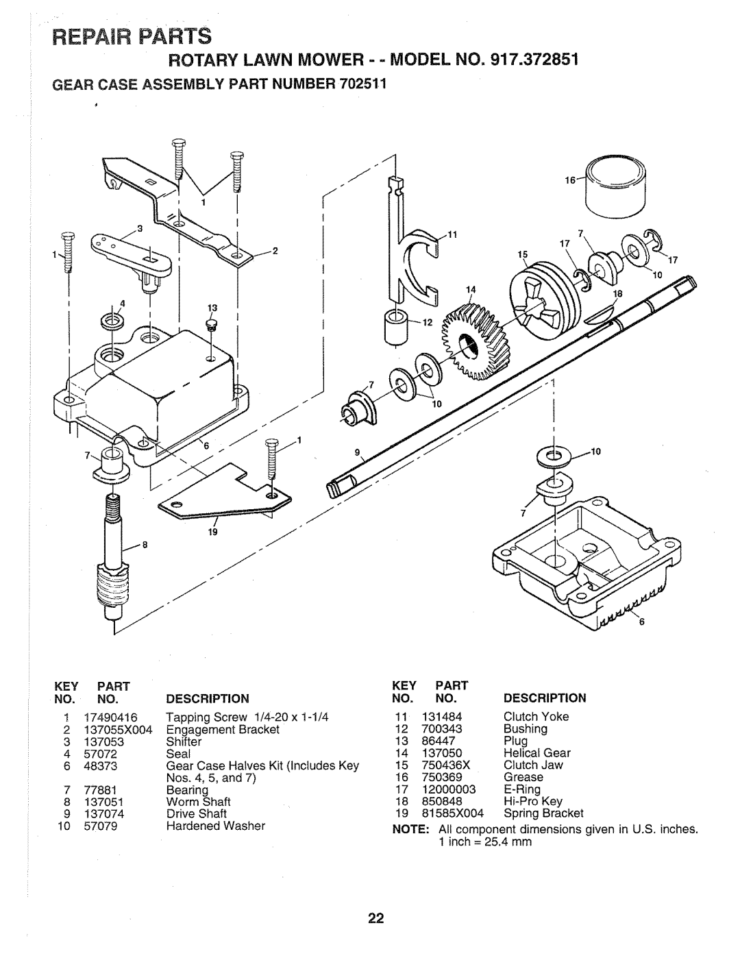 Sears 917.372851 owner manual Rotary Lawn Mower - Model no, Gear Case Assembly Part Number 70251,1, KEY Part Description 