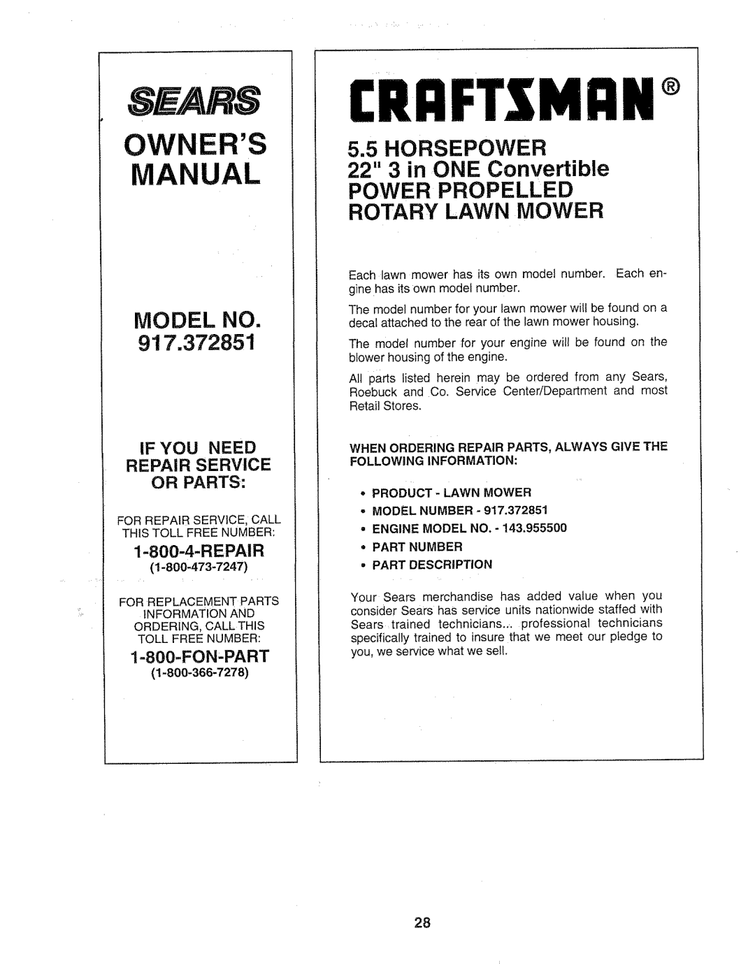 Sears 917.372851 owner manual Owners, If YOU Need Repair Service Or Parts, Information, = Part Number Part Description 