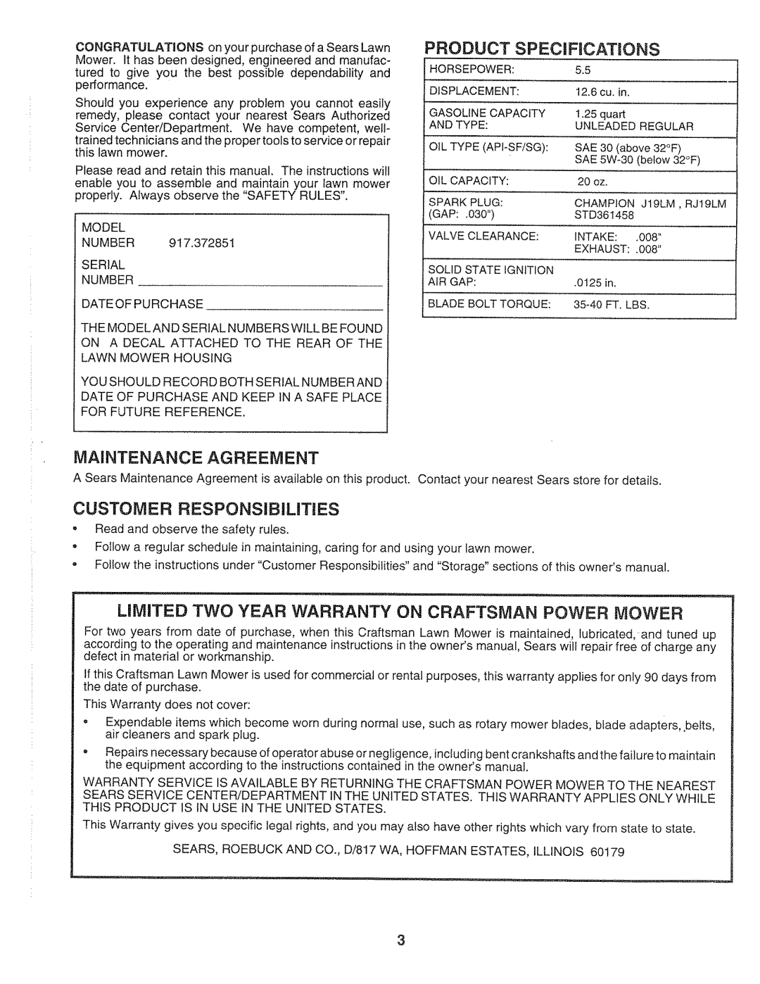 Sears 917.372851 Maintenance Agreement, Customer Responsibilities, Limited TWO Year Warranty on Craftsman Power Mower 