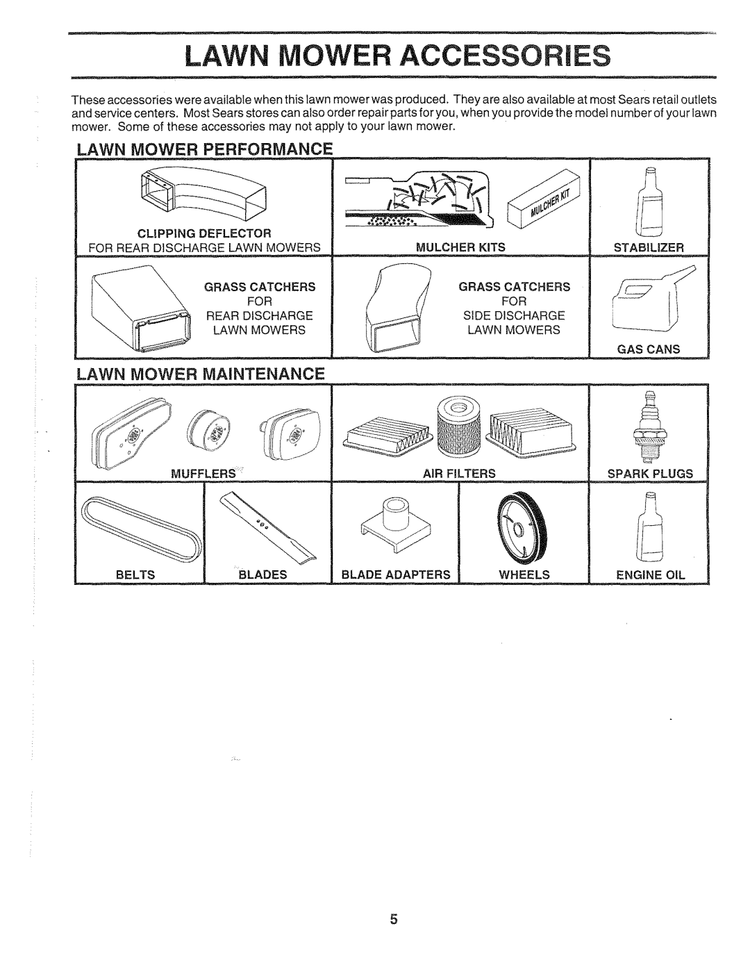 Sears 917.372851 owner manual Lawn Mower Accesso IES, Lawn Mower Performance, Lawn Mower Maintenance 