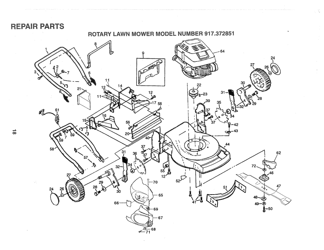 Sears 917.372851 owner manual Repair Parts, Rotary Lawn Mower Model Number 