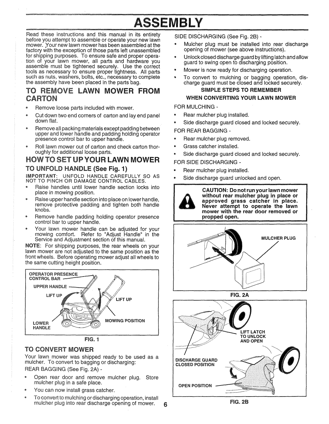 Sears 917.372851 owner manual To Remove Lawn Mower From, Carton, How To Set Upyour Lawn Mower, TO UNFOLD HANDLE See Fig 