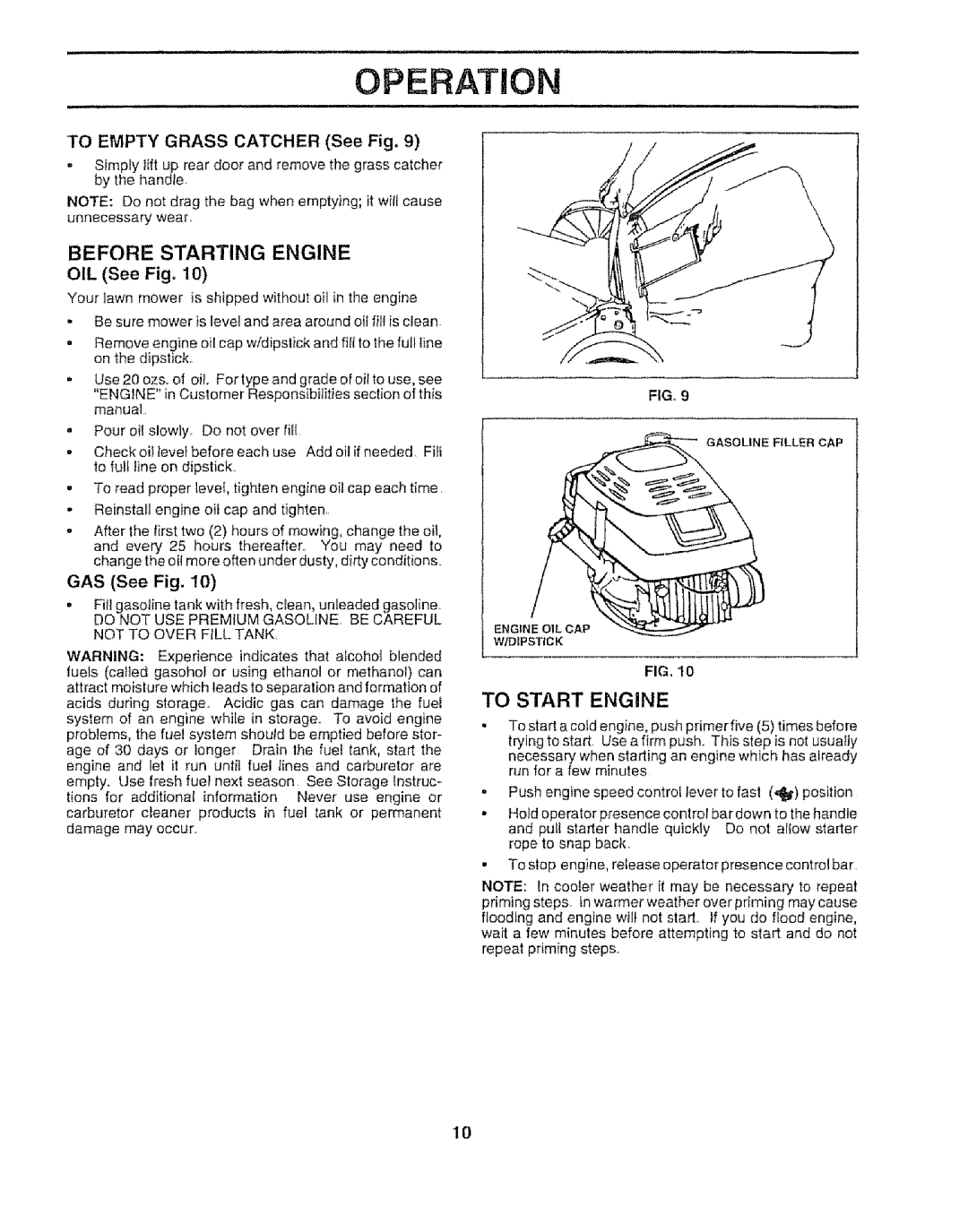 Sears 917.372852 manual To Start Engine, To Empty Grass Catcher See Fig, GAS See Fig 