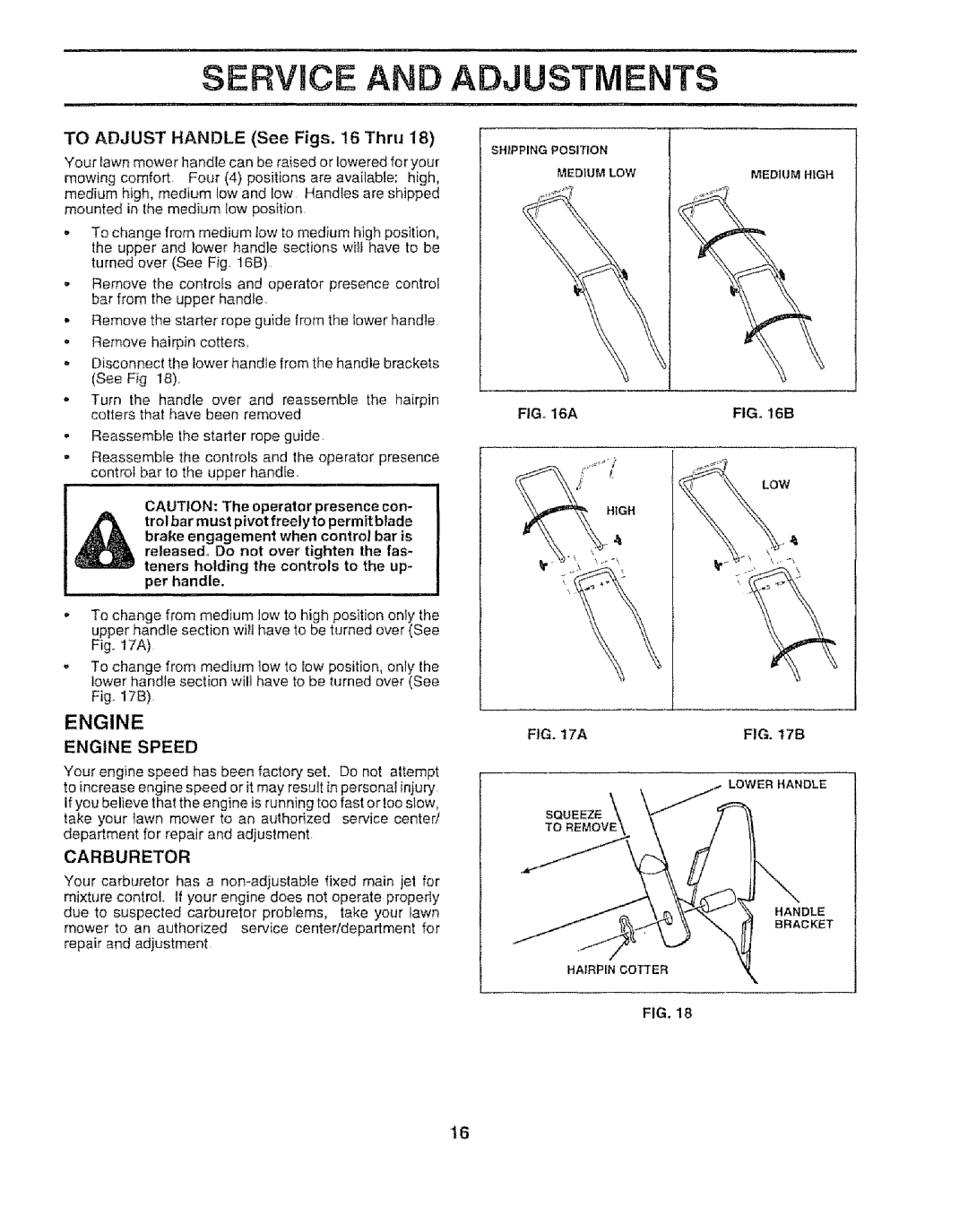 Sears 917.372852 manual Engine Speed, Carburetor 