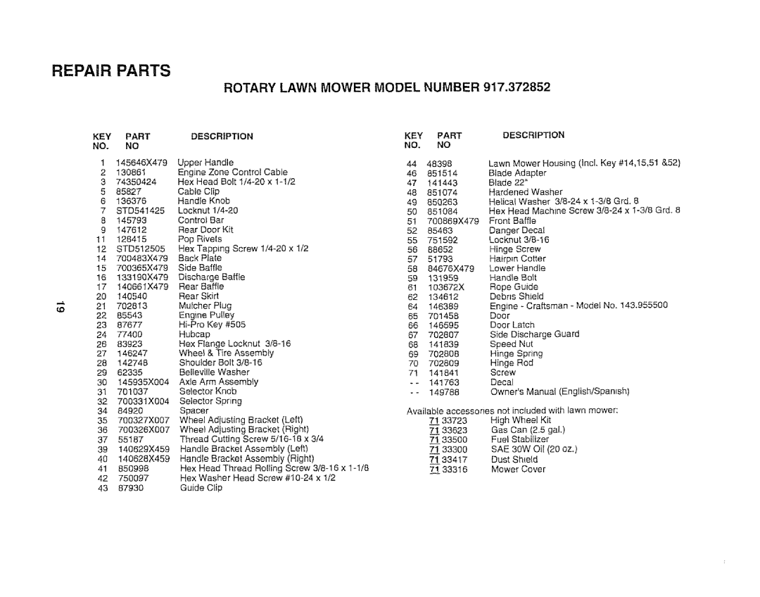 Sears 917.372852 manual KEY Part NO. no, Description 