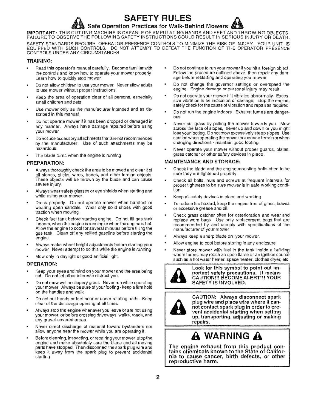 Sears 917.372852 manual Safe Operation Practices for Walk-Behind Mowers, Training 