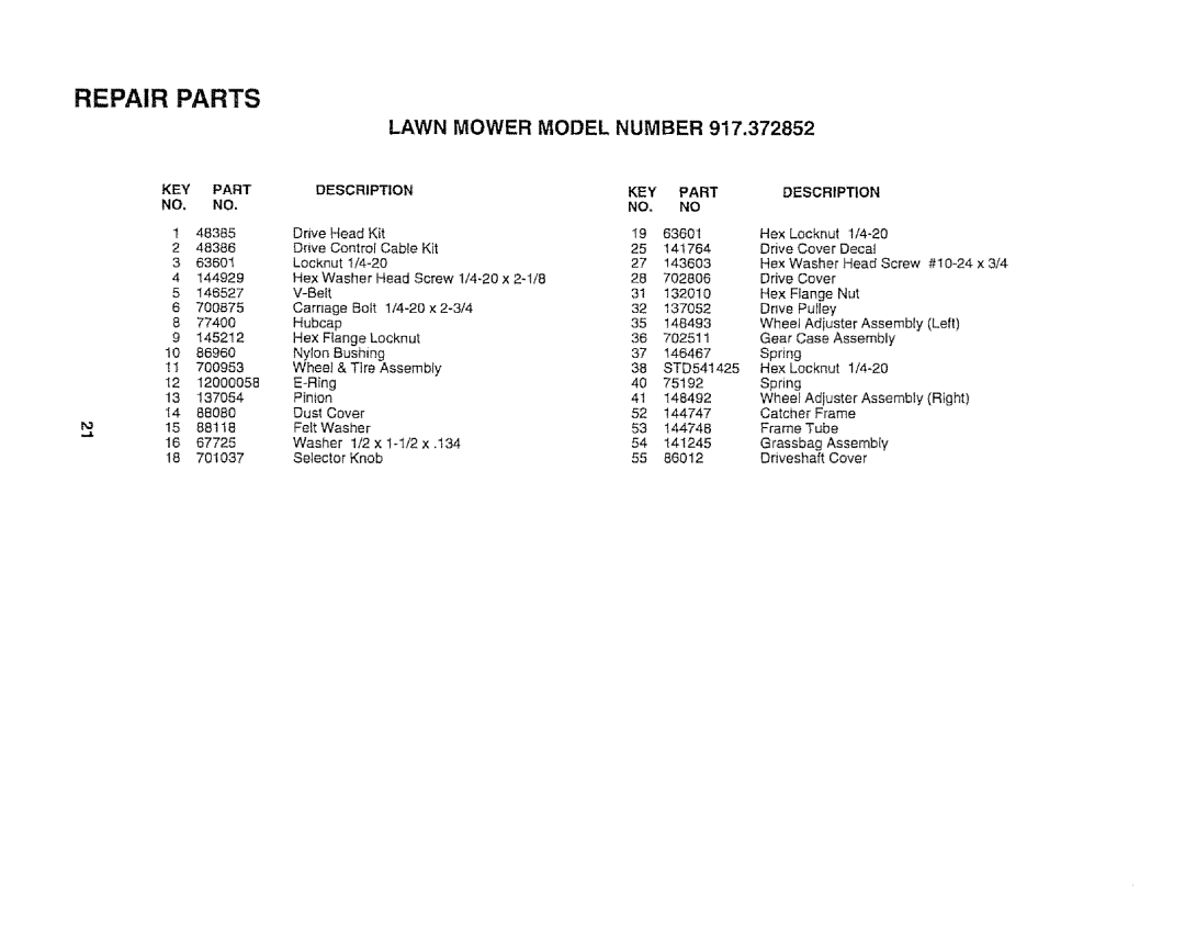 Sears 917.372852 manual Lawn Mower Model Number, Key, Locknut 1/4-20, Part Description 