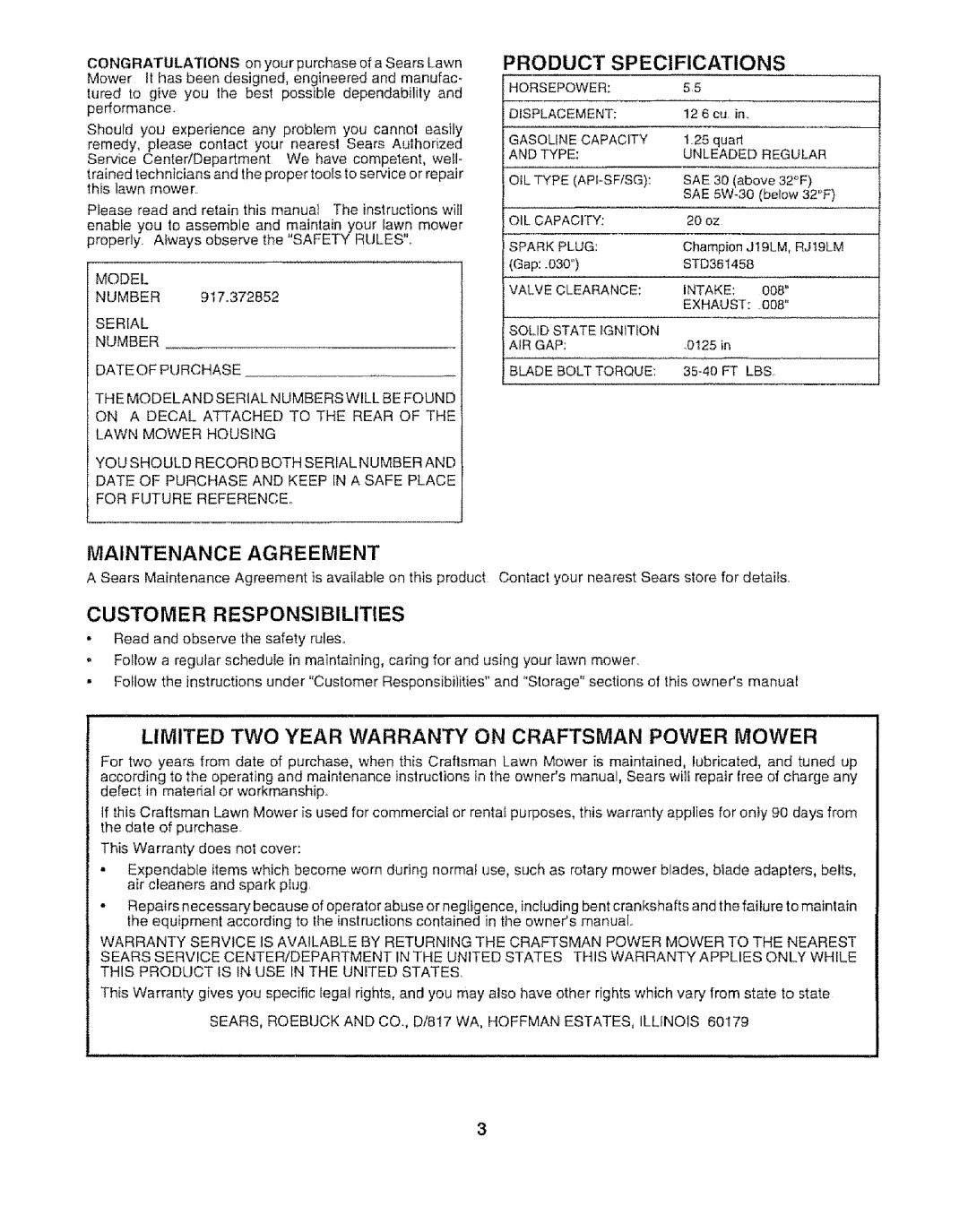 Sears 917.372852 manual Product Specifications, Maintenance Agreement, Customer Responsibilities 