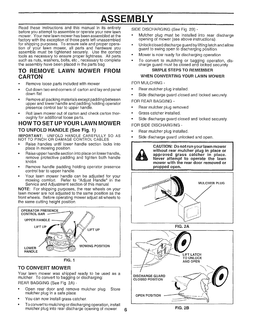 Sears 917.372852 manual To Remove Lawn Mower from Carton, HOW to SET UP Your Lawn Mower, To Unfold Handle See Fig 