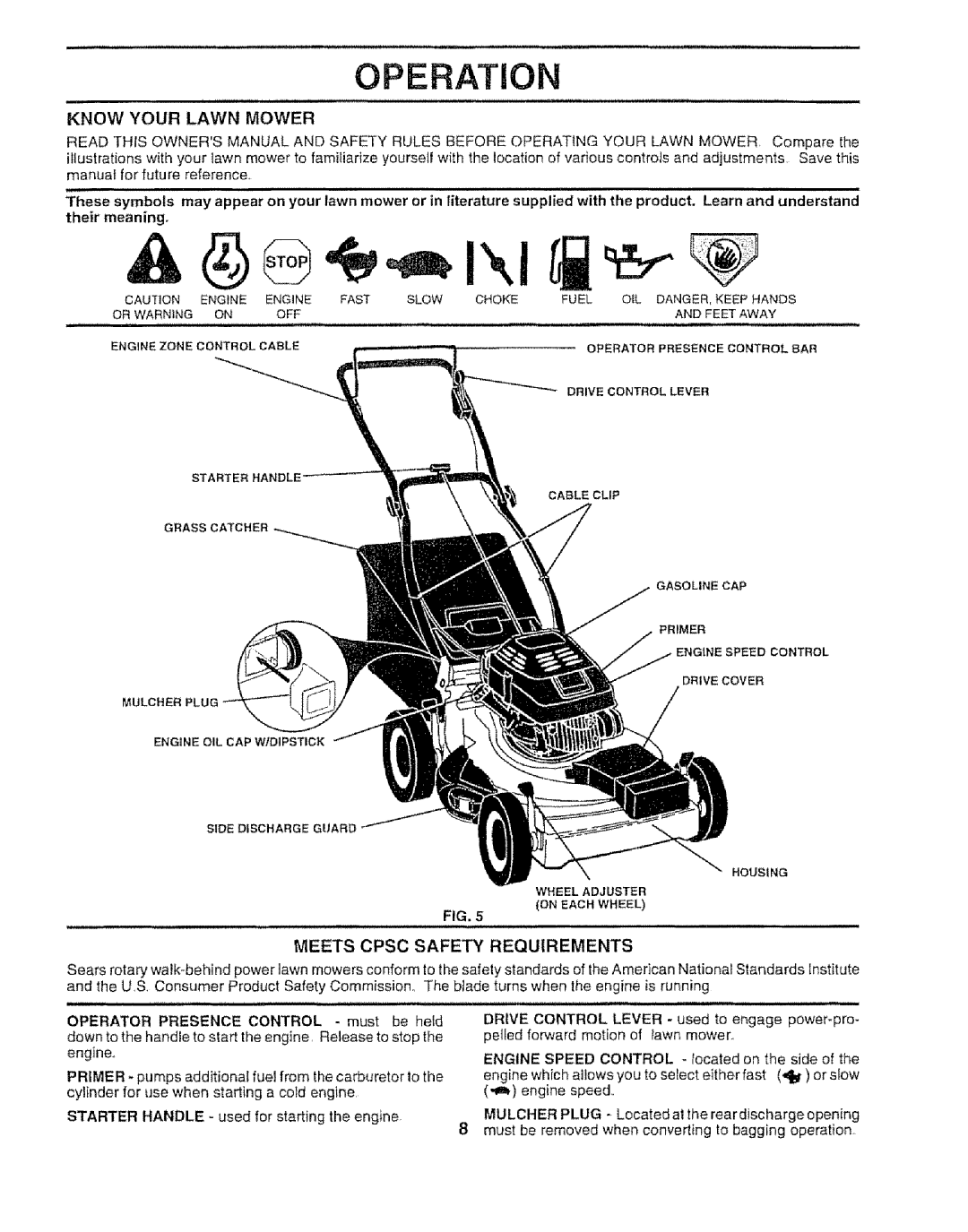 Sears 917.372852 manual Know Your Lawn Mower, Meets Cpsc Safety Requirements 