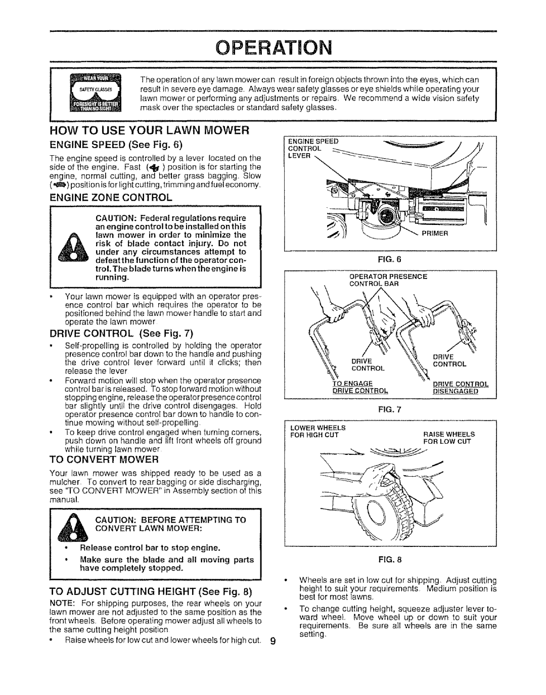 Sears 917.372852 manual HOW to USE Your Lawn Mower, Engine Zone Control, Convert Lawn Mower 