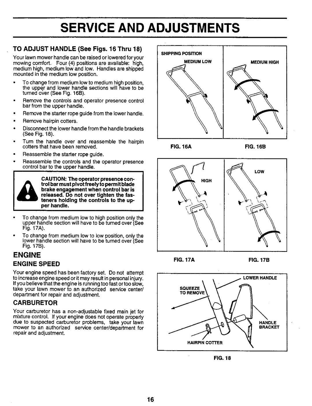 Sears 917.373981 owner manual Engine Speed, To Adjust Handle See Figs Thru, Lowerhandle 