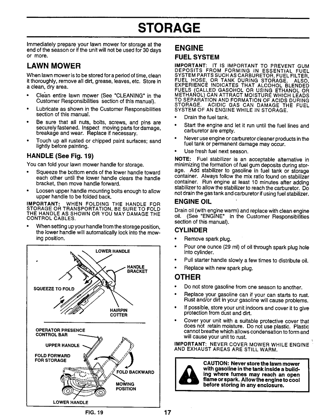 Sears 917.373981 owner manual Storage, Other, Fuel System, Engine OIL, Exhaust Areas are Still Warm 