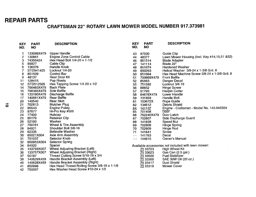 Sears 917.373981 owner manual KEY Part NO. no, Description KEY Part 