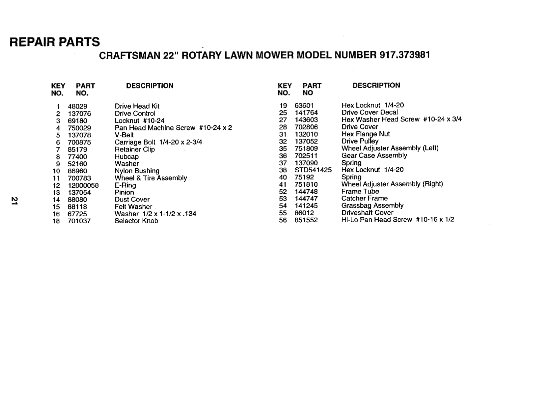 Sears 917.373981 owner manual Craftsman 22 Rotary Lawn Mower Model Number, KEY Part Description, 141764 