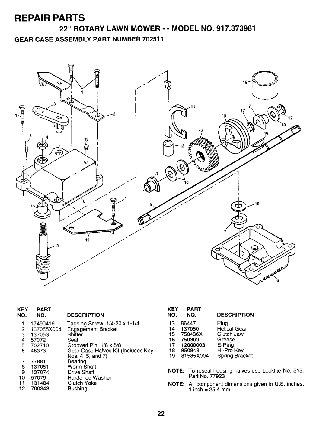 Sears 917.373981 owner manual Repair Parts, KEY Part Description Descripon 