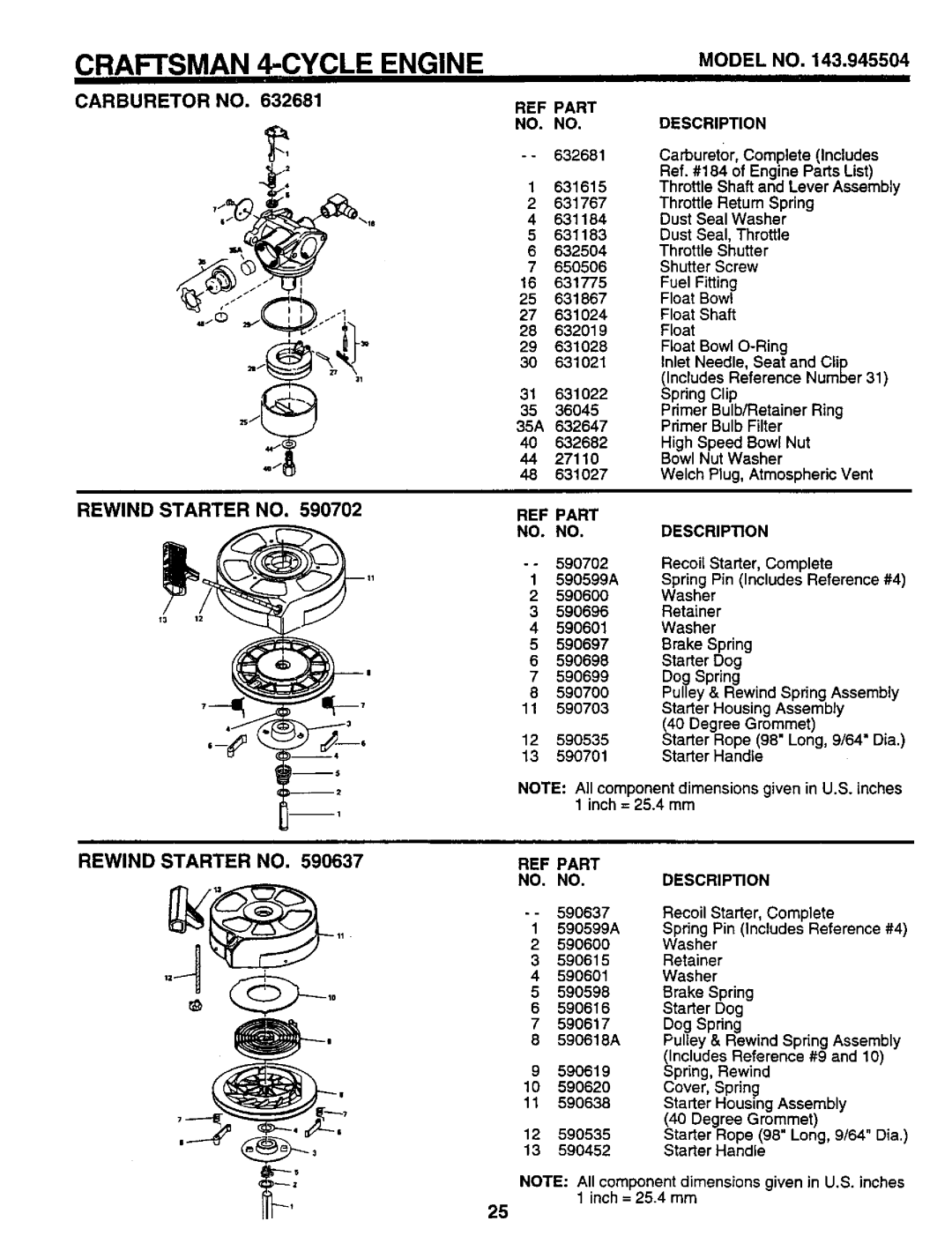 Sears 917.373981 owner manual Carburetor no Rewind Starter no, Ref. #184 of Engine Parts List, 27110, 590619, 590620 