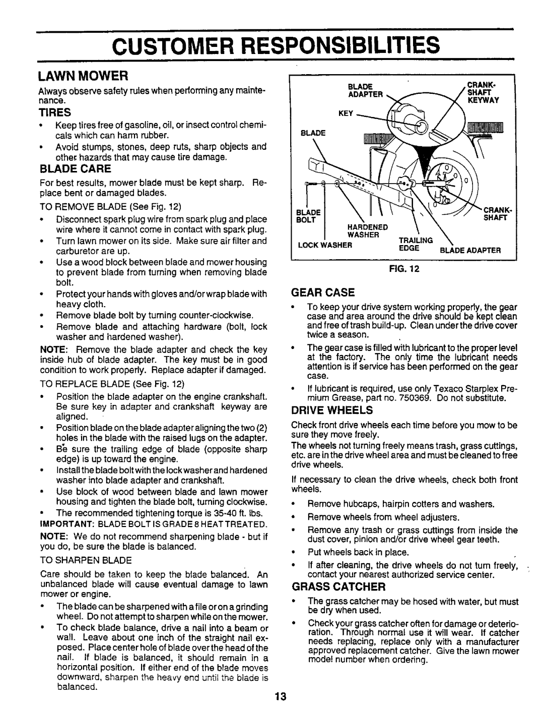 Sears 917.373981 owner manual Customer Responsibilities, Gear Case, Drive Wheels, Grass Catcher 
