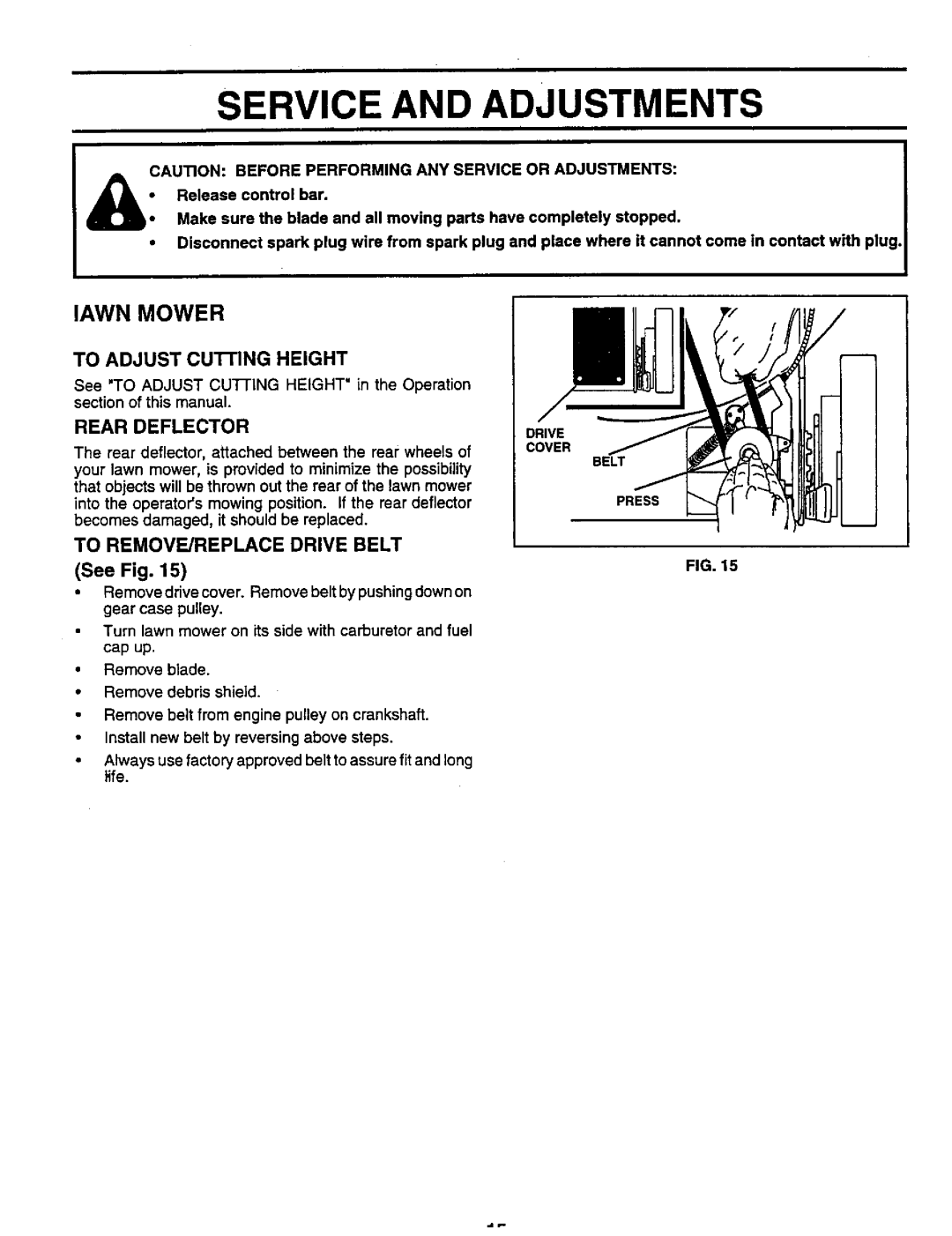 Sears 917.373981 owner manual Service And Adjustments, lAWN MOWER, See Fig, TO ADJUST CUI-rlNGHEIGHT, Rear Deflector 