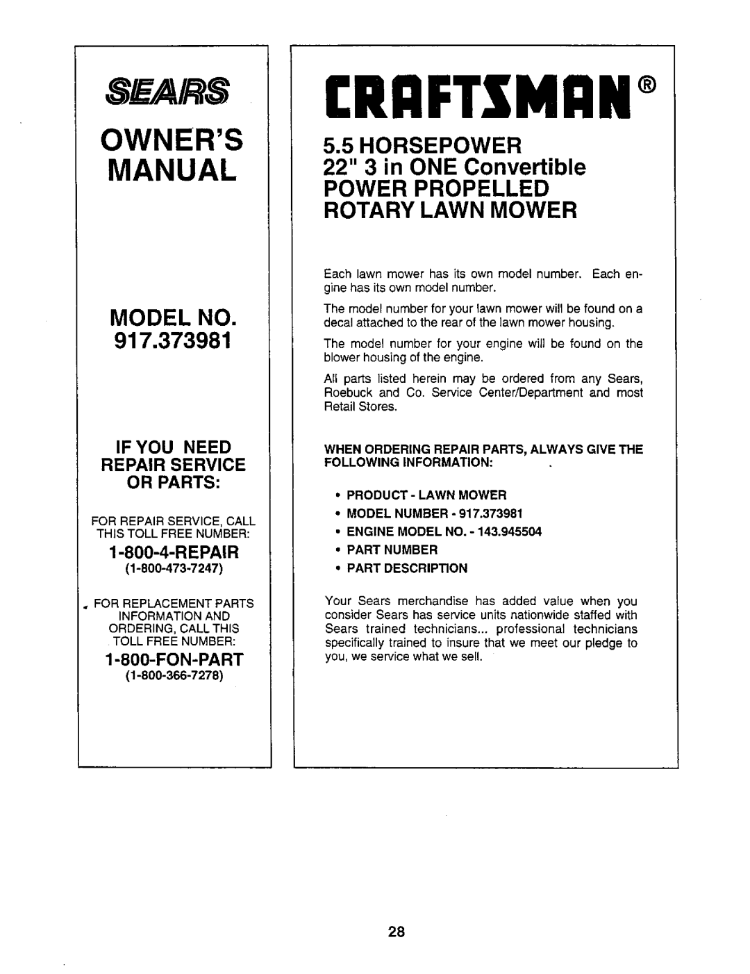 Sears 917.373981 Manual, Model No, Horsepower, Power Propelled Rotary Lawn Mower, RrlFTXMRN, Sf_/A/ S, Owners, Fon-Part 