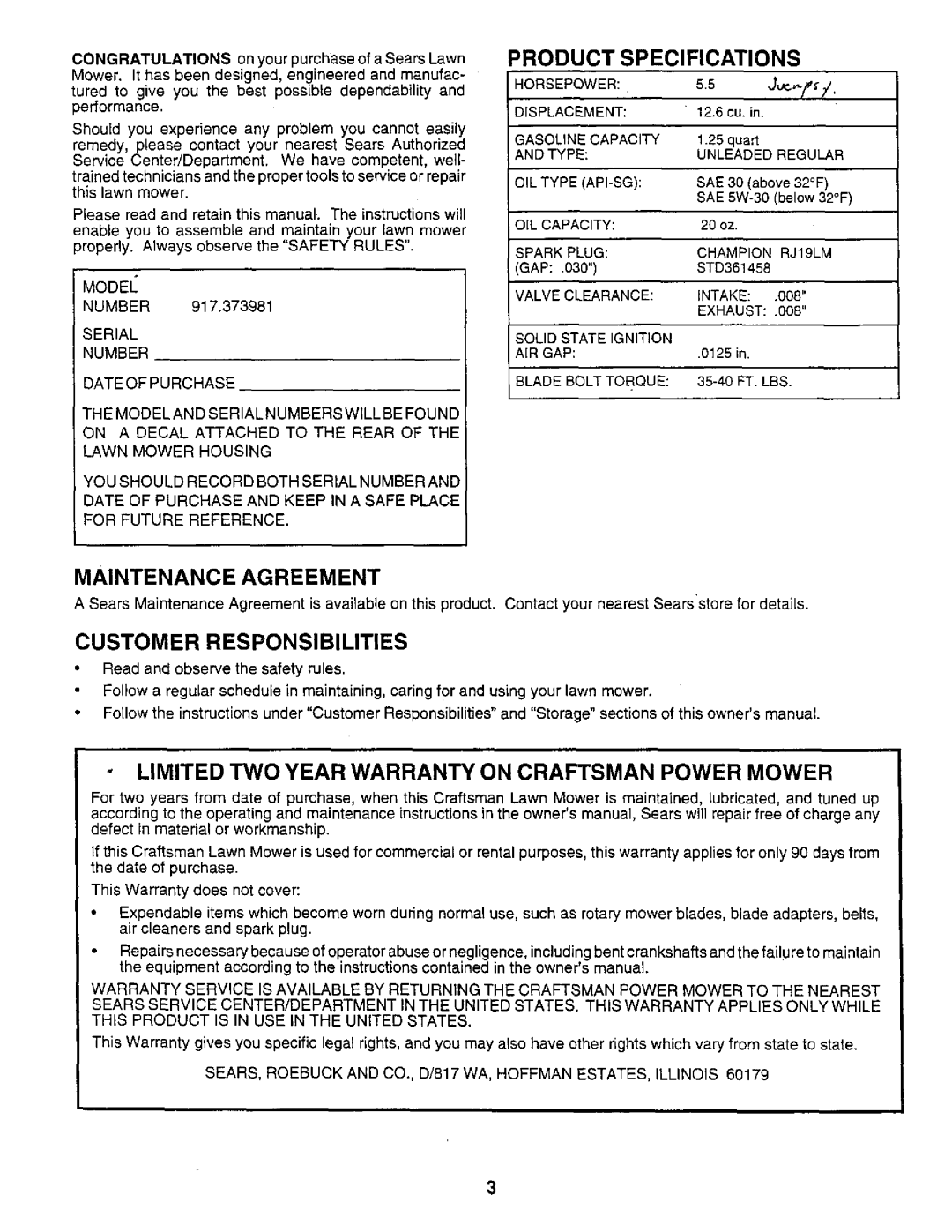 Sears 917.373981 owner manual Product Specifications, Maintenance Agreement, Customer Responsibilities 