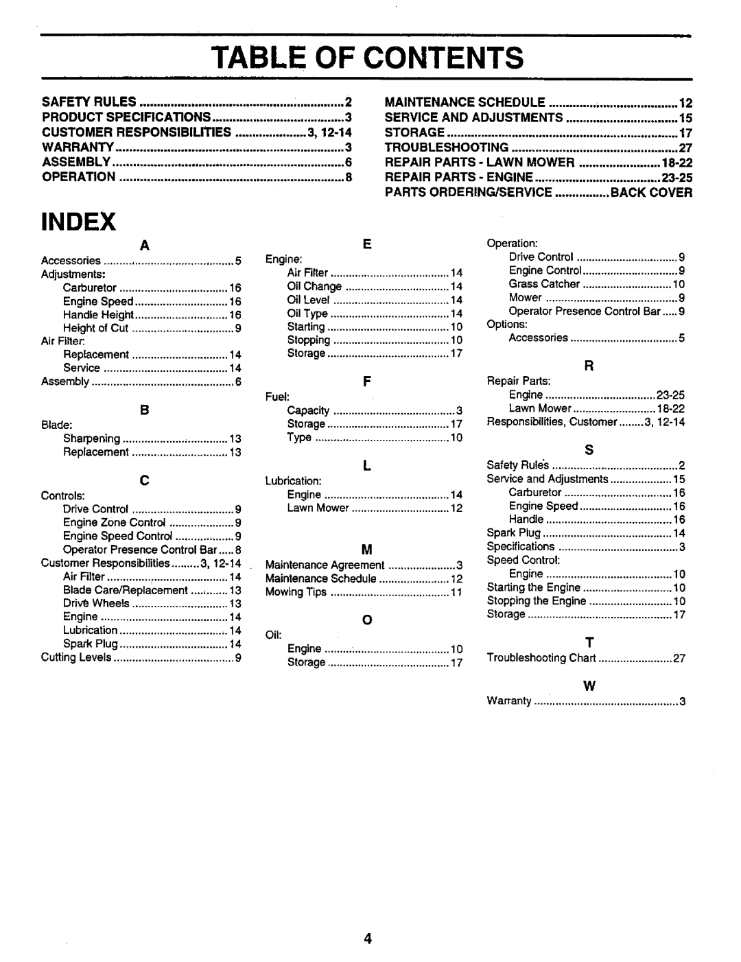 Sears 917.373981 owner manual Table Of Contents, Index 