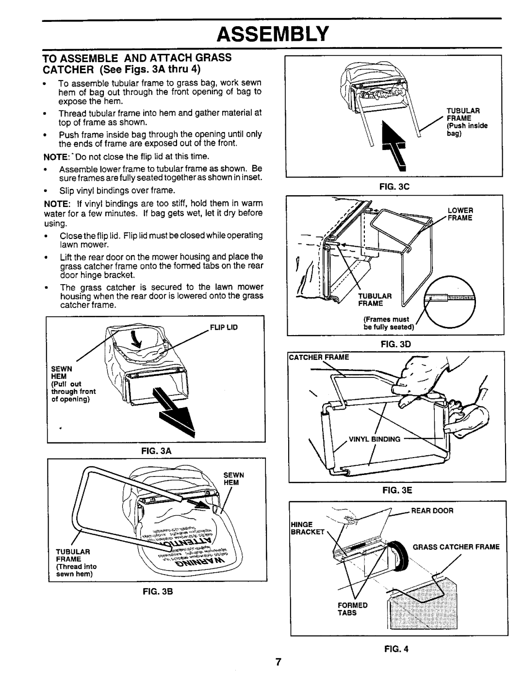 Sears 917.373981 owner manual Assembly, TO ASSEMBLE AND AIrACH GRASS, CATCHER See Figs. 3A thru, D Catcherframe 