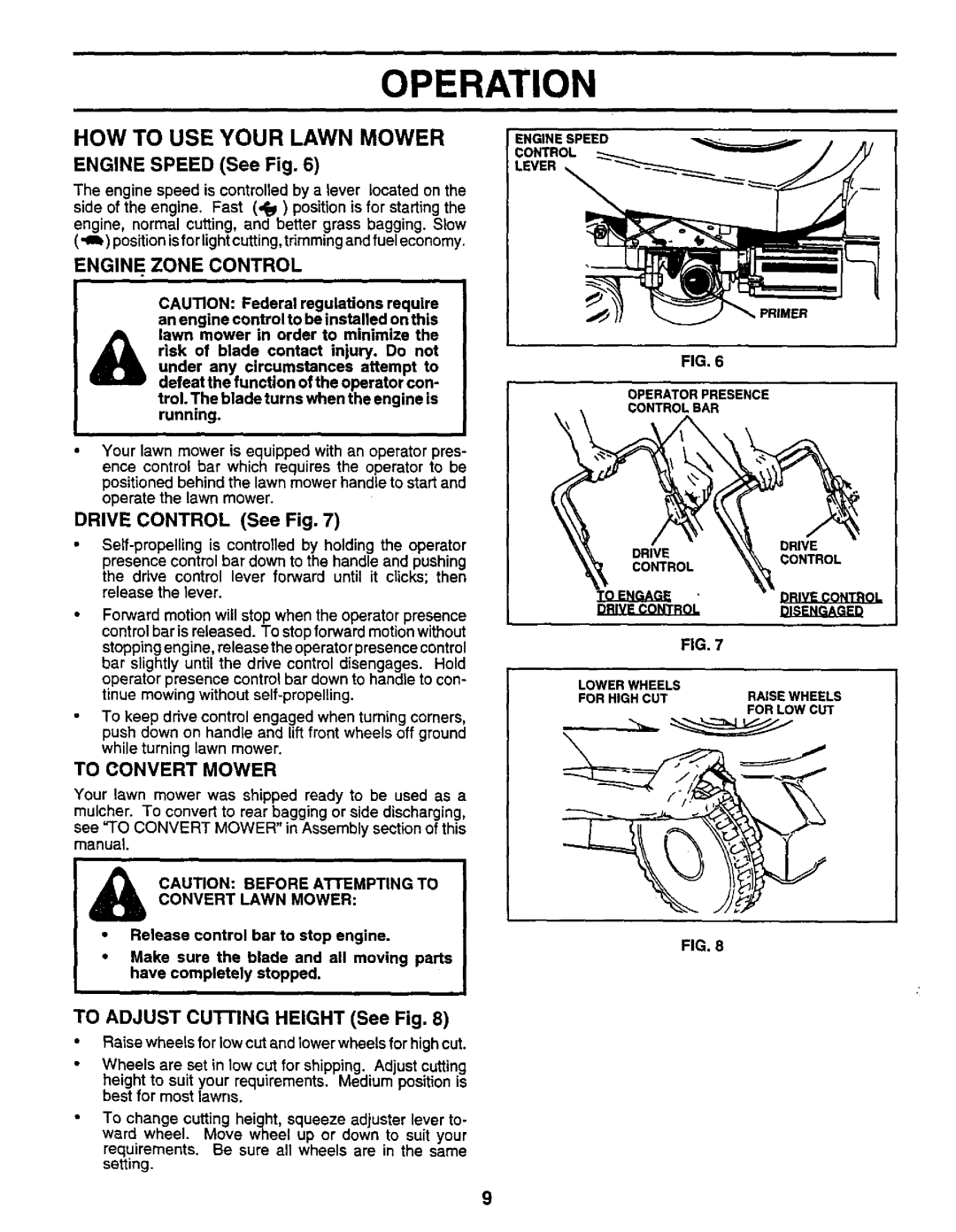 Sears 917.373981 owner manual Operation, How To Use Your Lawn Mower, ENGINE SPEED See Fig, Engine Zone Control 