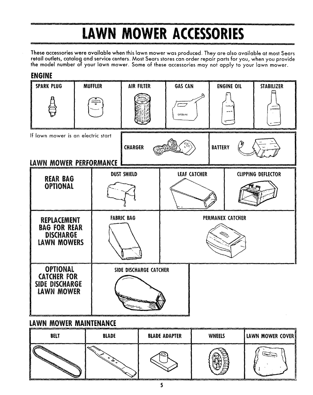 Sears 917.383223 manual Lawnmoweraccessories, Engine, Bagforrear Discharge Lawnmowers, Optional 