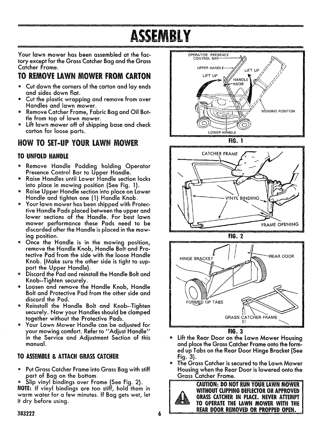 Sears 917.383223 manual Howto SET-UPYOURLAWNMOWER, To Unfoldhandle, To ASSEMBLE& Attachgrasscatcher 