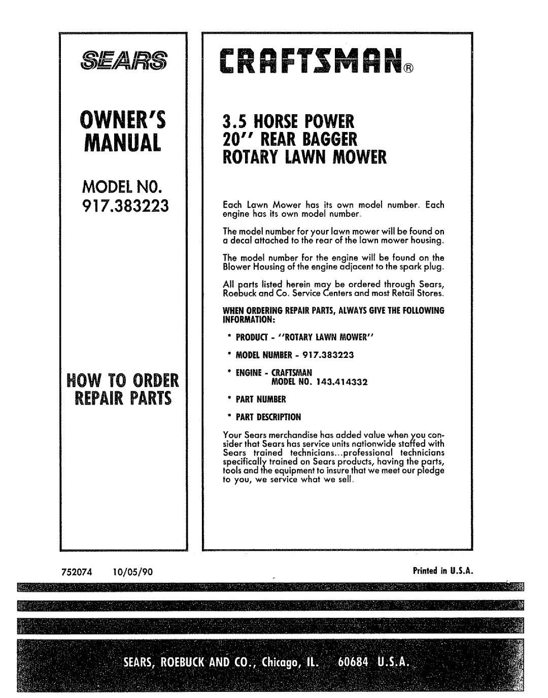 Sears manual 3.5HORSEPOWER 20 REARBAGGER ROTARYLAWNMOWER, Owners, MODELNO 917.383223 HOW TO ORDER REPAIRPARTS 