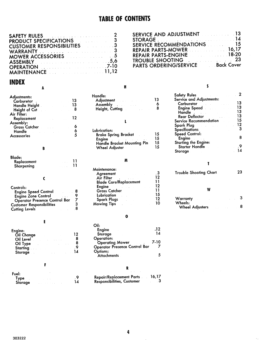 Sears 917.383223 manual Tableof Contents, Index, Assembly 