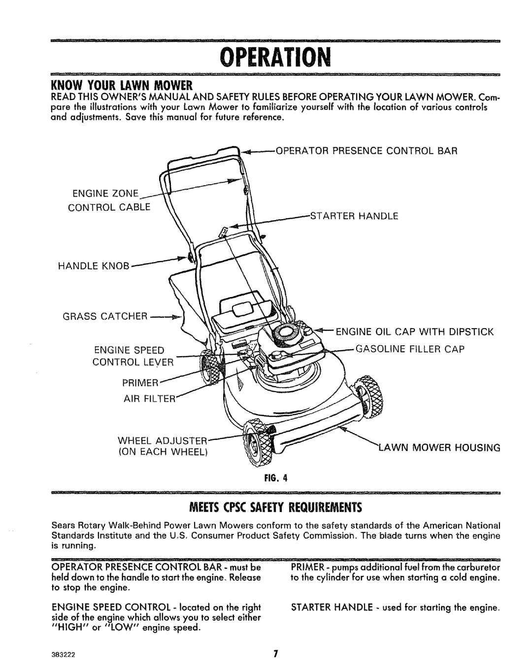 Sears 917.383223 manual Operation, Knowyourlawnmower, Meetscpscsafetyrequirements 