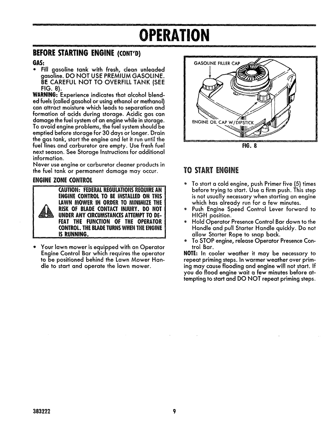 Sears 917.383223 manual Beforestartingenginecontd, Tg Startehguhe, Enginezonecontrol, Operaion 