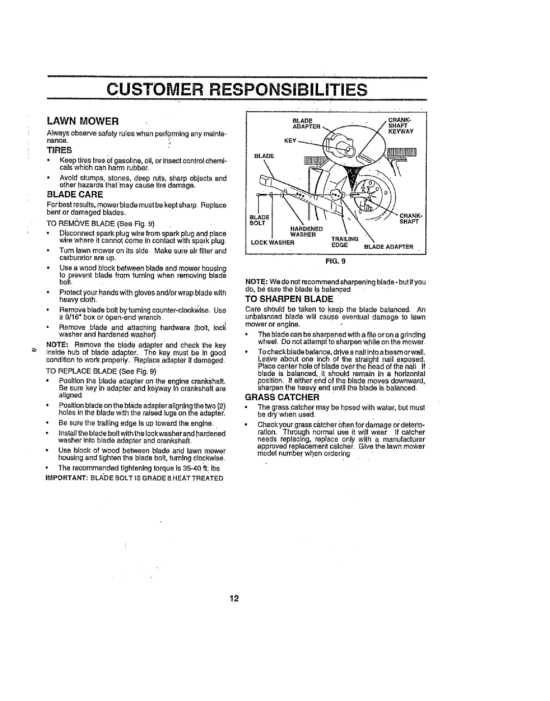 Sears 917386121 owner manual Lawn Mower, Tires, Important Blade Bolt is Grade 8 Heattreated 