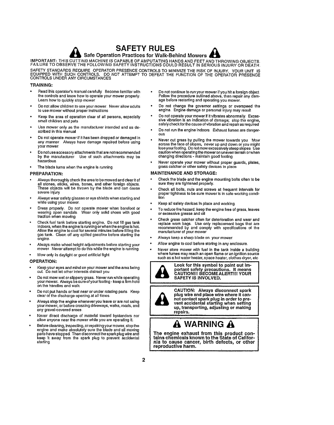 Sears 917386121 4lb Safe Operation Practices for Walk-Behind Mowers, Tlheengine exhaust from this product con, Training 