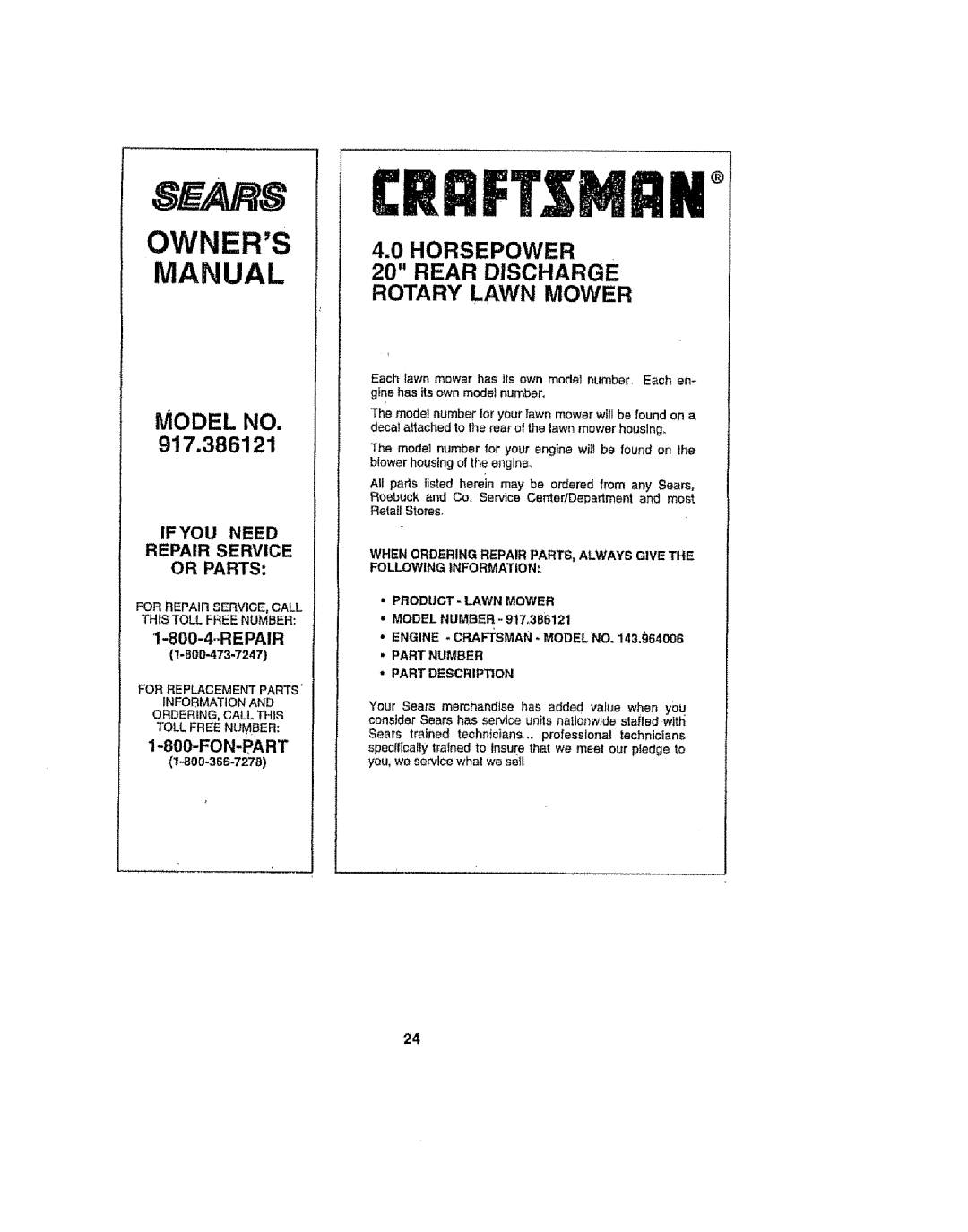 Sears 917386121 owner manual Ifyou Need Repair Service Or Parts, FON-pART, For Replacement Parts 