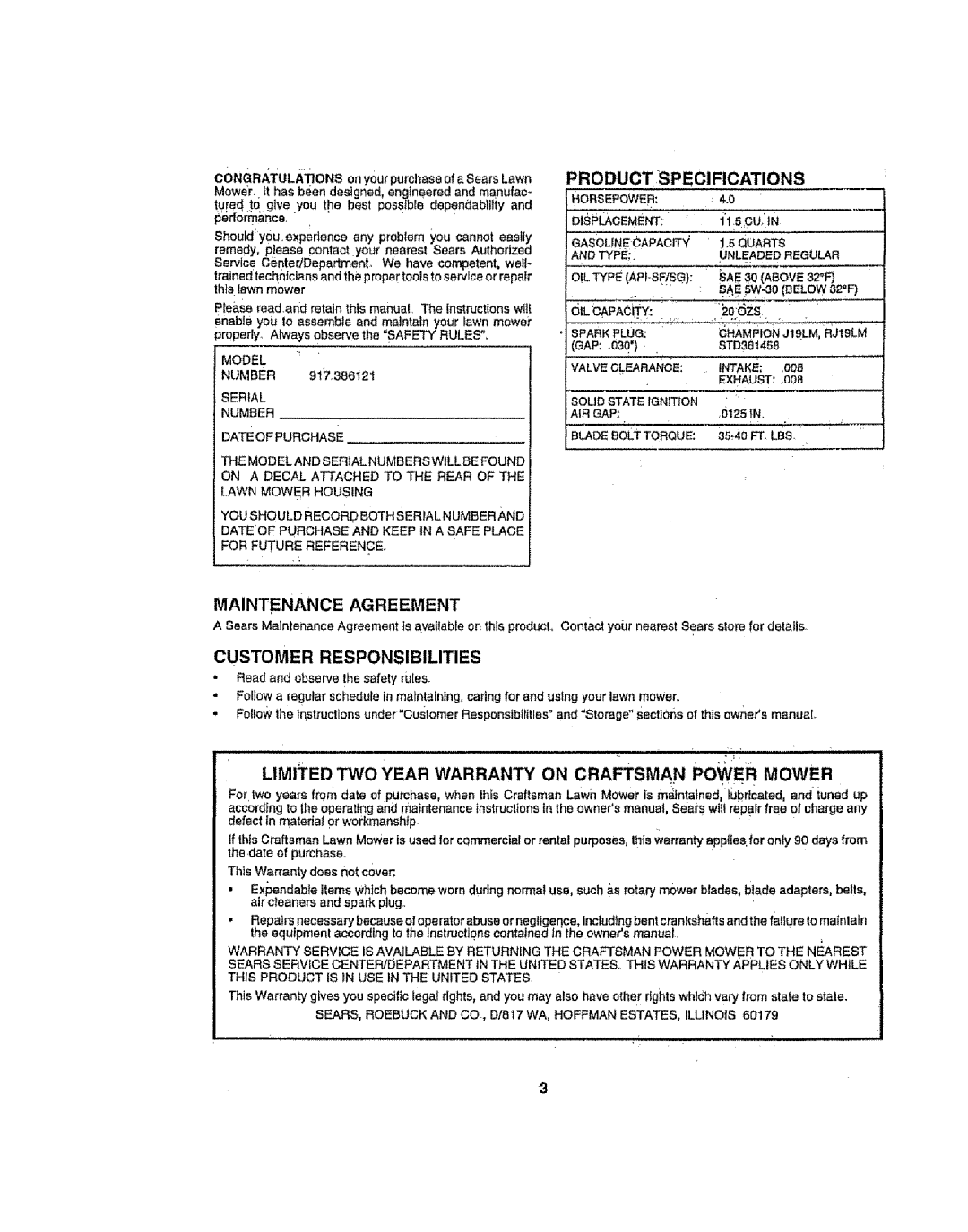 Sears 917386121 owner manual Maintenance Agreement, Customer Responsibilities, Product Specifications 