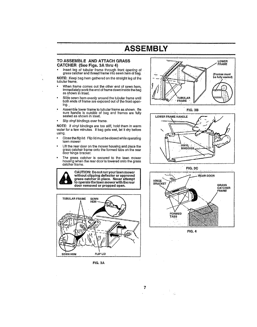 Sears 917386121 owner manual Assembly, To Assemble and Attach Grass, Catcher See Figs, 3A thru, Tubular, Lowerframehandle 