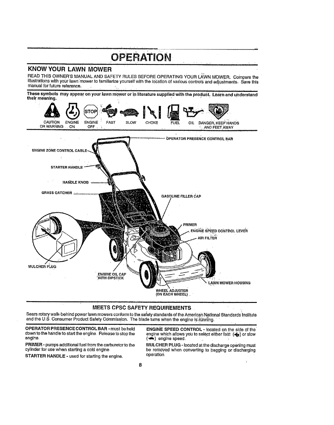 Sears 917386121 owner manual Operation, Know Your Lawn Mower, Meets Cpsc Safety Requirements, Fuel, ORWARNING., on 