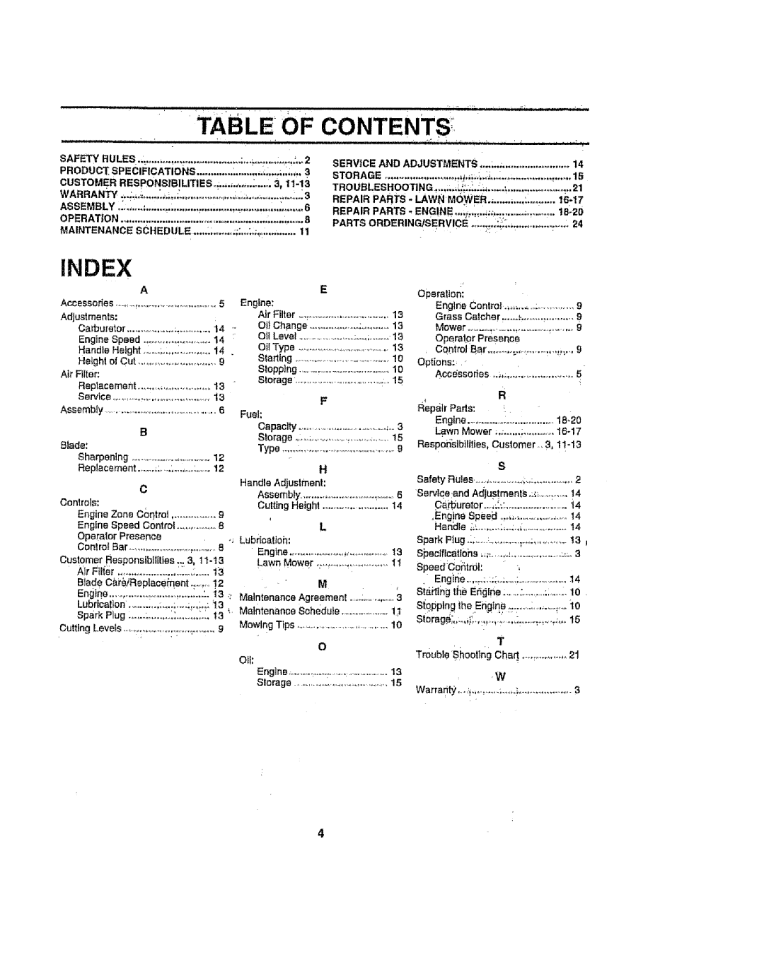 Sears 917386121 owner manual Index, Table..... Of Contents, Blade, Handle Adjustment, Cutting Height, o,o, Eng!ne, Assembly 