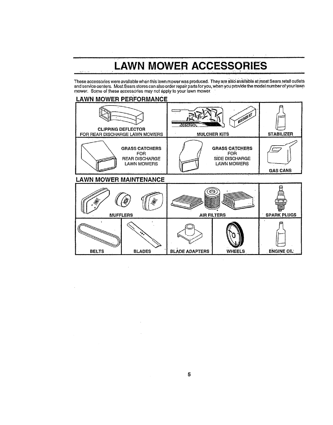 Sears 917386121 owner manual Lawn Mower Accessories, Lawn Mower Performance, Lawn Mower. Maintenance, • ENGNEolk 
