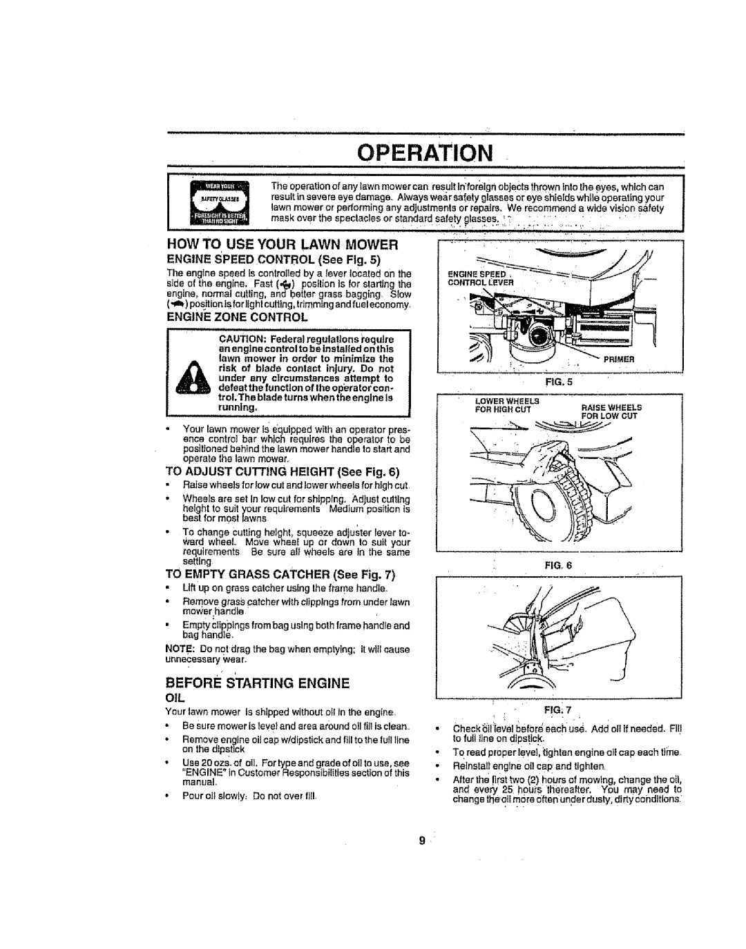 Sears 917386121 Operation, How To Use Your Lawn Mower, ENGINE SPEED CONTROL See Fig, Engine Zone Control, Before Starting 
