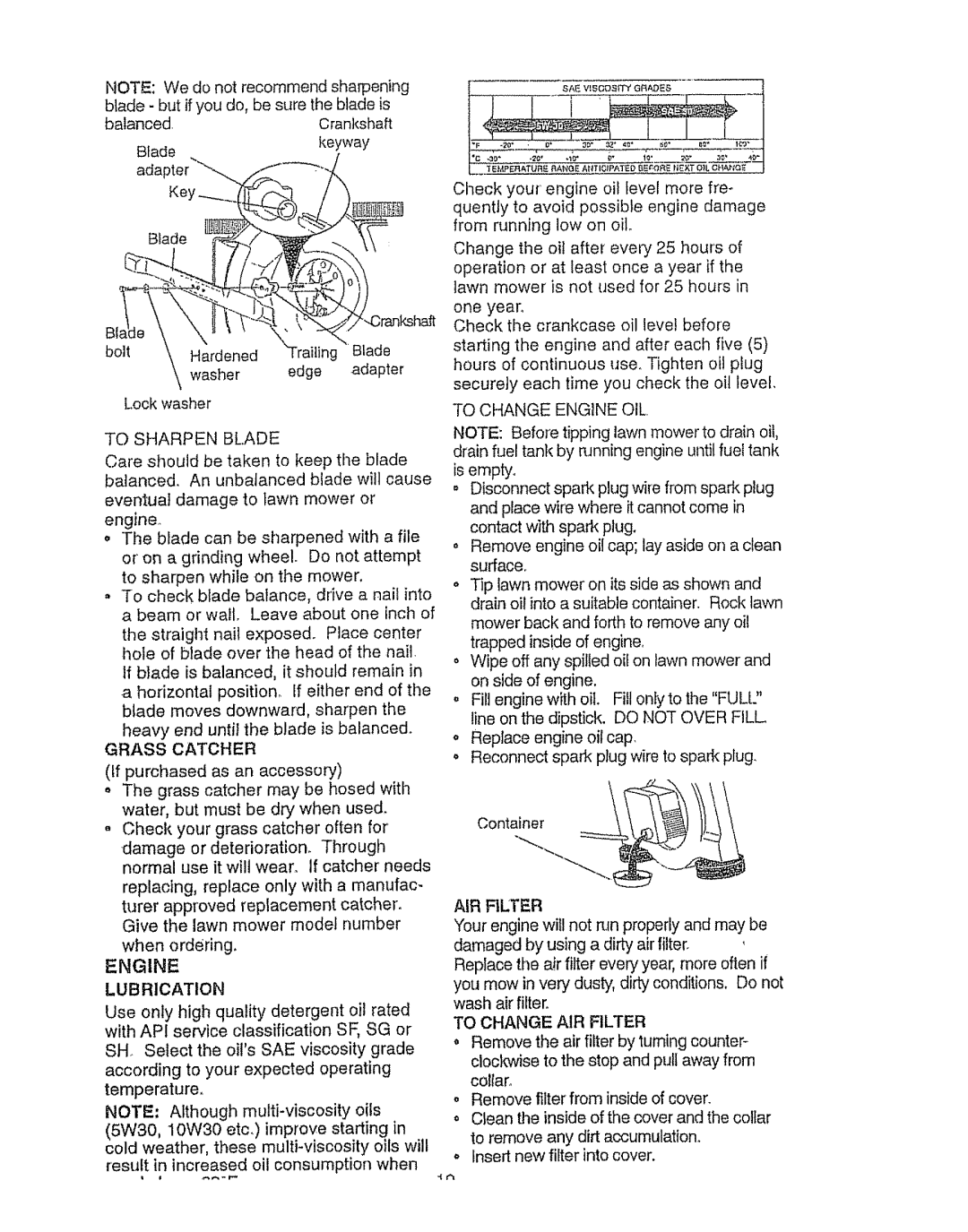 Sears 917.387023 owner manual Balanced.Crankshaft, Blade .. keyway adapter..z/ ---m--L, Lubrication, AIR Filter 