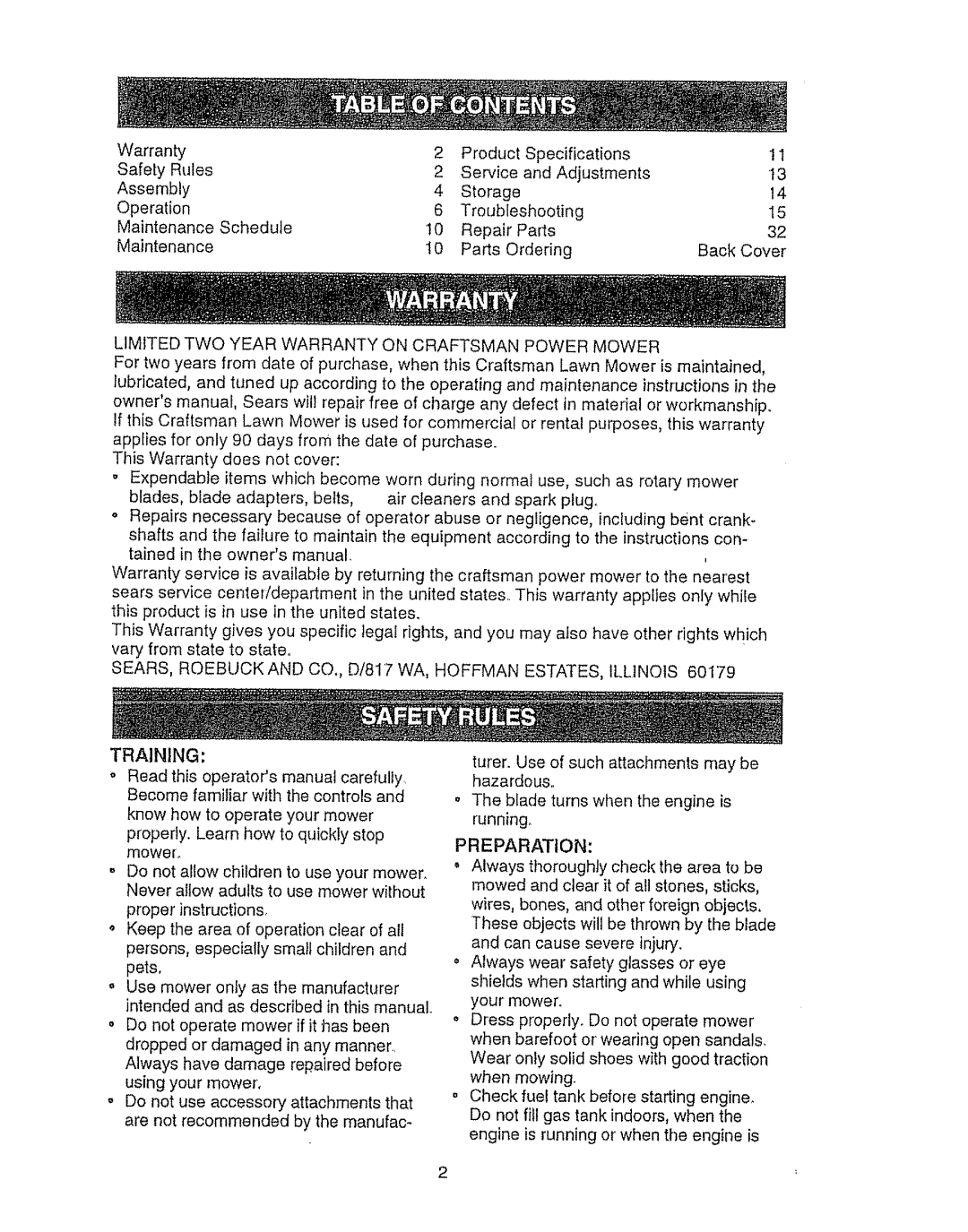 Sears 917.387023 owner manual Limited TWO Year Warranty on Craftsman Power Mower, Preparation 