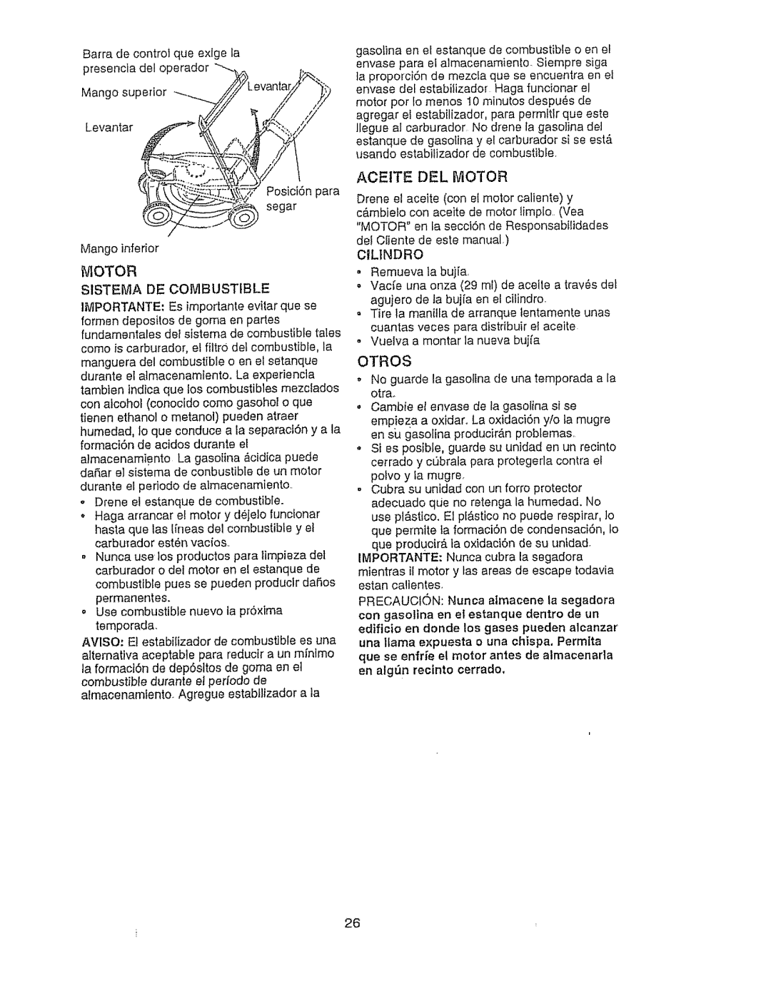 Sears 917.387023 owner manual Aceite DEL Motor, Otros, Sistema DE Combustible 