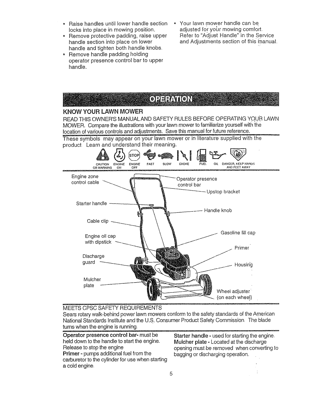 Sears 917.387023 owner manual Know Your Lawn Mower, Meets Cpsc Safety Requirements 