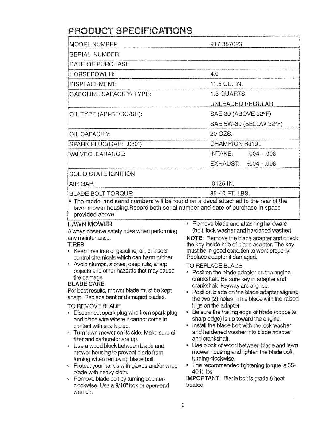 Sears 917.387023 Model Number, Serial Number Date Purchase Horsepower Displacement, Below, OIL Capacity, Spark, Champion 